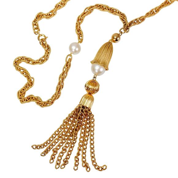 Vintage 1960s Gold Tone Tassel Necklace With Faux Pearls Rope Chain Elegant - Picture 1 of 14
